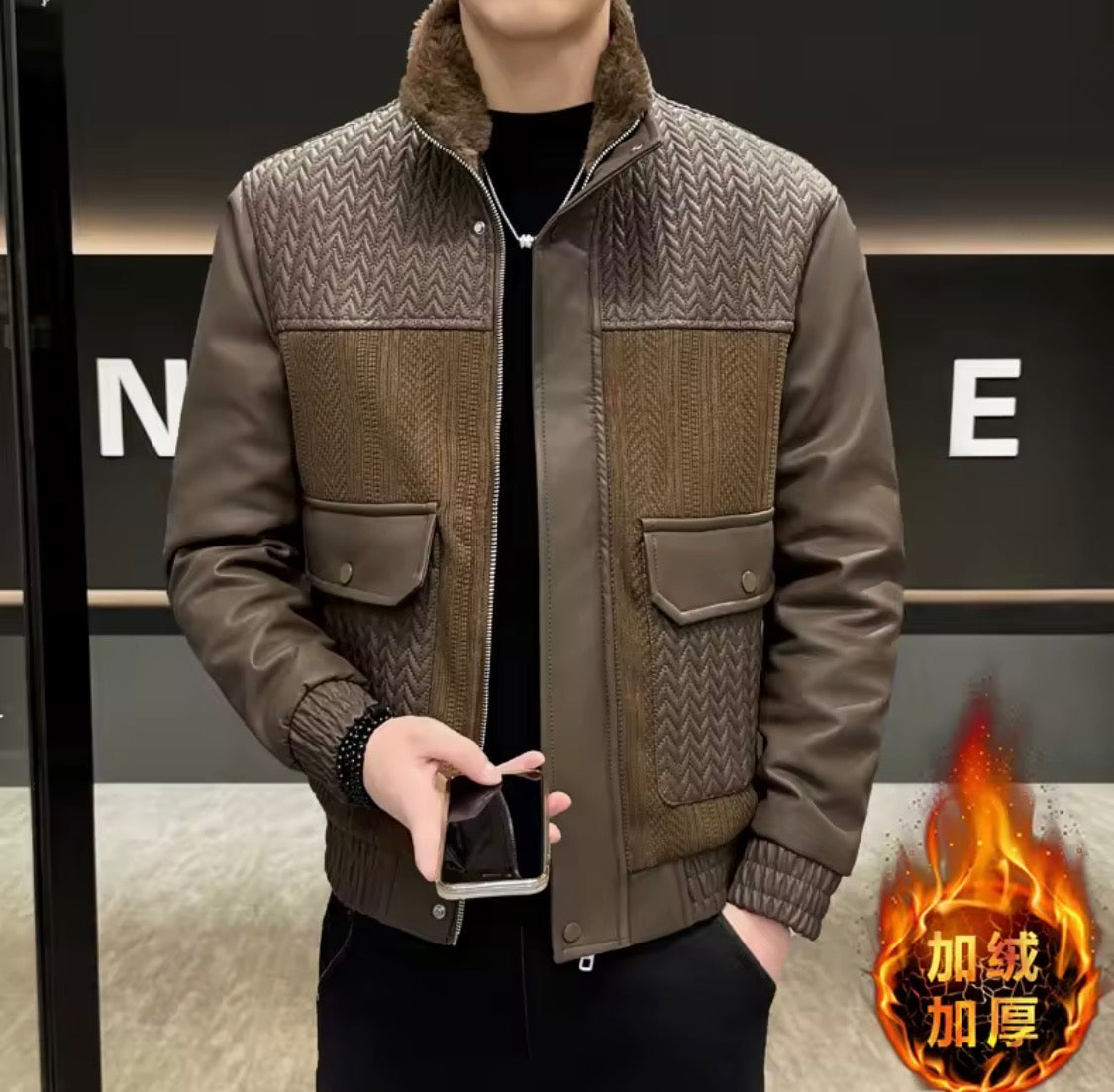 Men’s Fleece-Lined PU Leather Jacket – Bomber Jacket with Faux Fur Collar