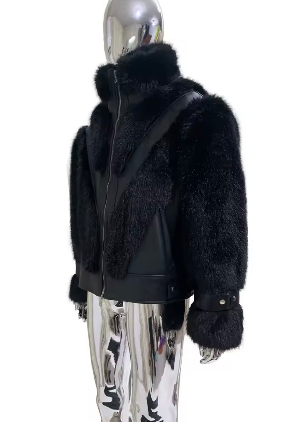 Men's Luxury Faux Fur & Leather Bomber Jacket – Winter Statement Outerwear with Stand Collar & Buckle Cuffs