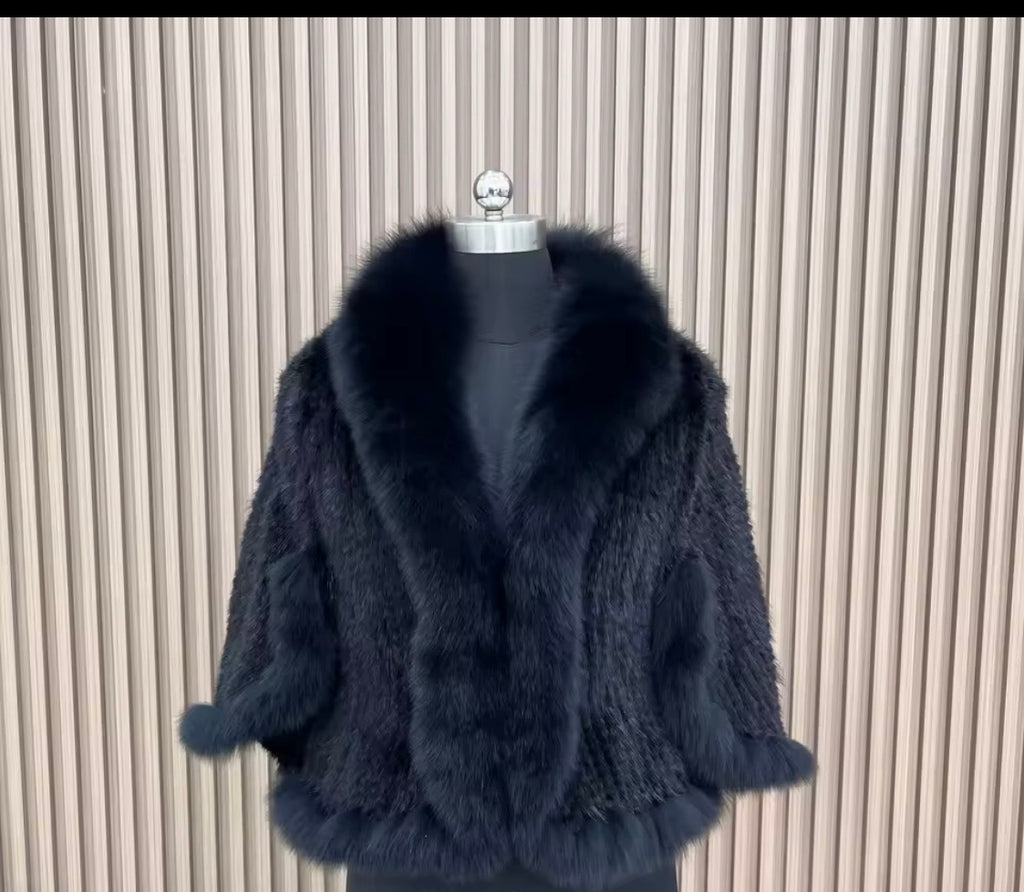 Mink fur ponchos and Hat set|Fox Fur trim
