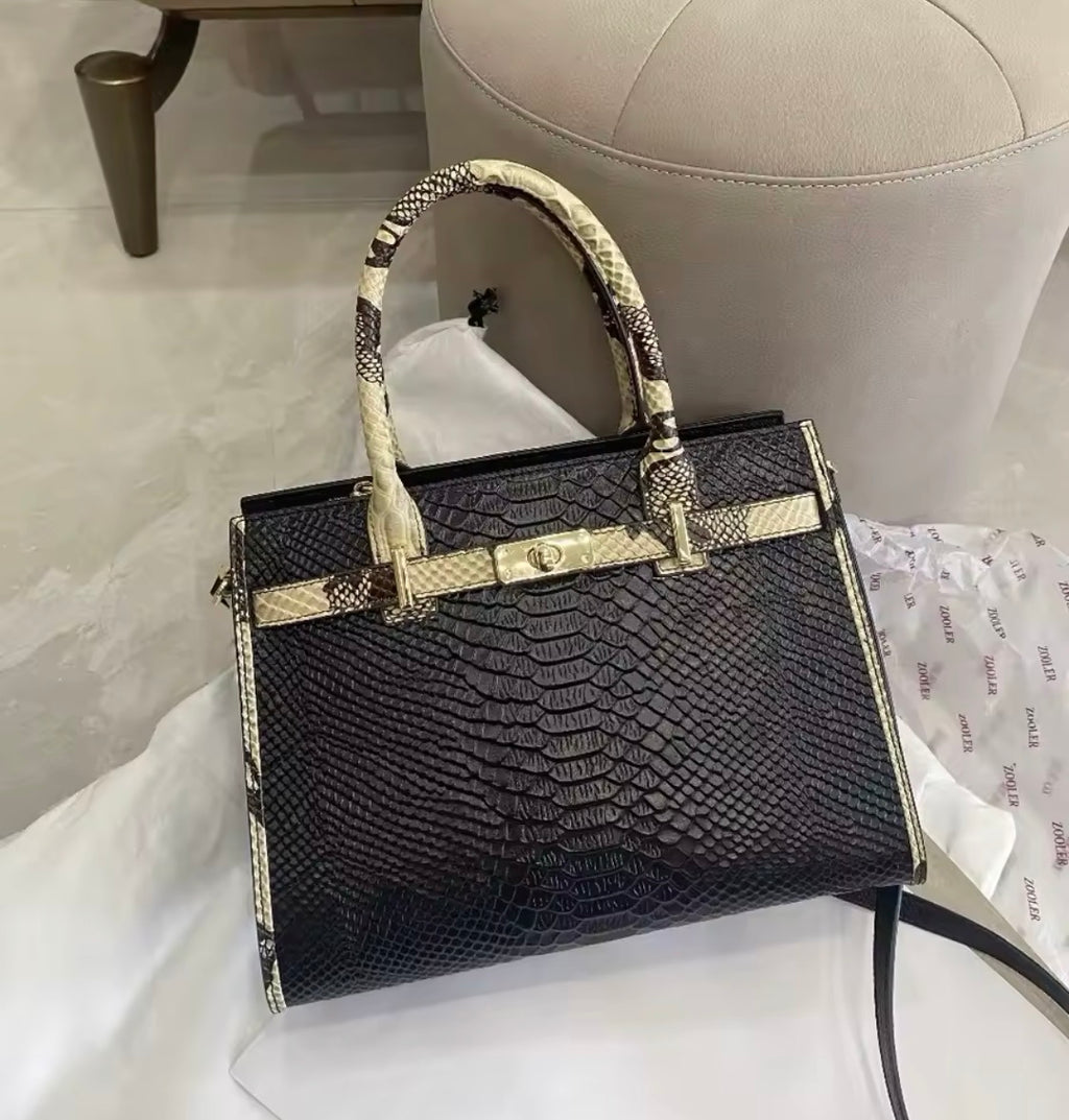 Black Snake Pattern Leather Business Bag