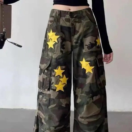 American Retro Workwear Women's Loose Straight Wide Leg XINGX Camouflage Jeans Cjdropshipping