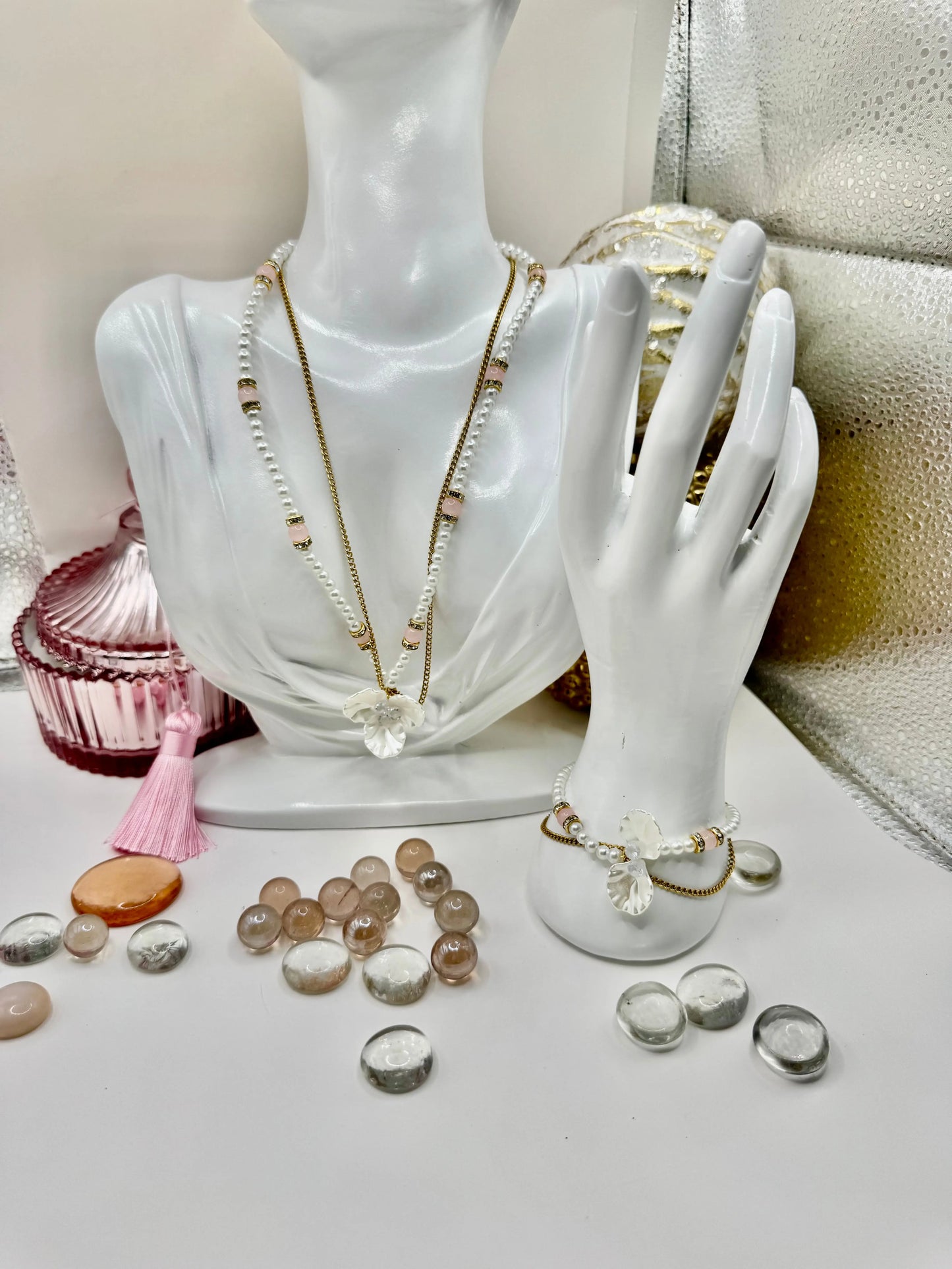 18k gold PVD Artificial pearl and glass beads Necklace with 3D Flower pendant and Bracelet set - JNi3 shop