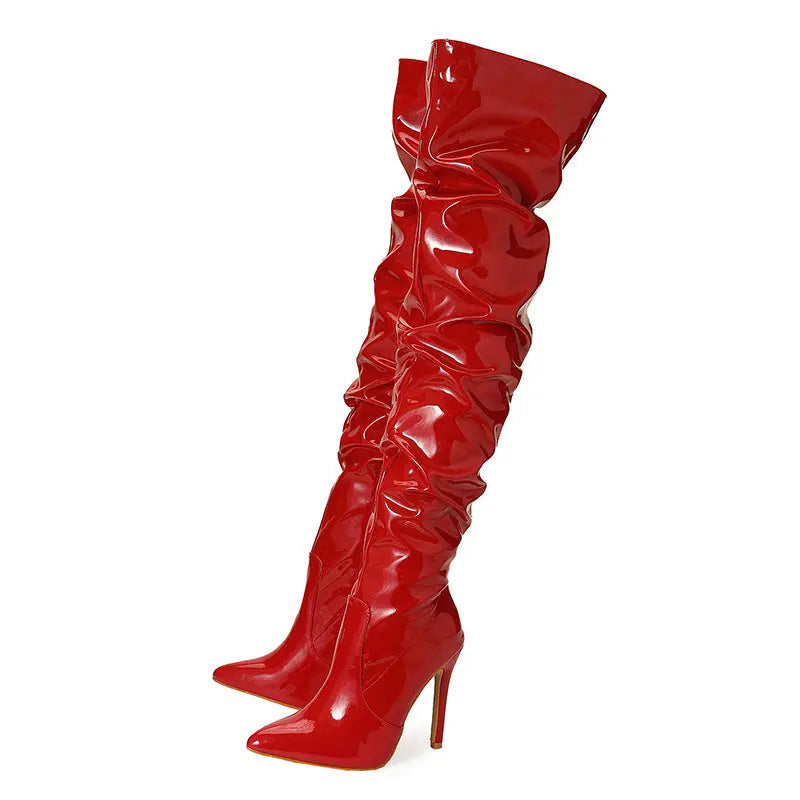 High Heel Elastic Knee Length Patent Leather Boots JNi3 shop