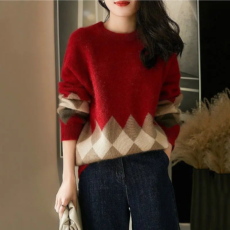 Christmas Red Round-neck Knitwear Loose Sweater For Women Cjdropshipping