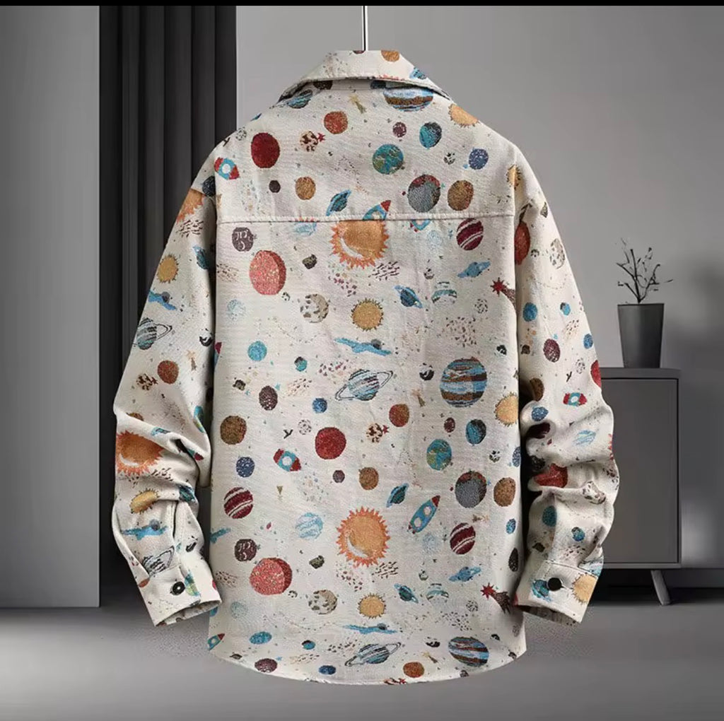 Thick Retro Men's Tapestry Jacket | Vintage Inspired Graffiti and Solar System Streetwear Shacket | Heavyweight Patterned Button-Down Coat