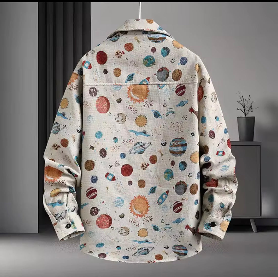 Thick Retro Men's Tapestry Jacket | Vintage Inspired Graffiti and Solar System Streetwear Shacket | Heavyweight Patterned Button-Down Coat