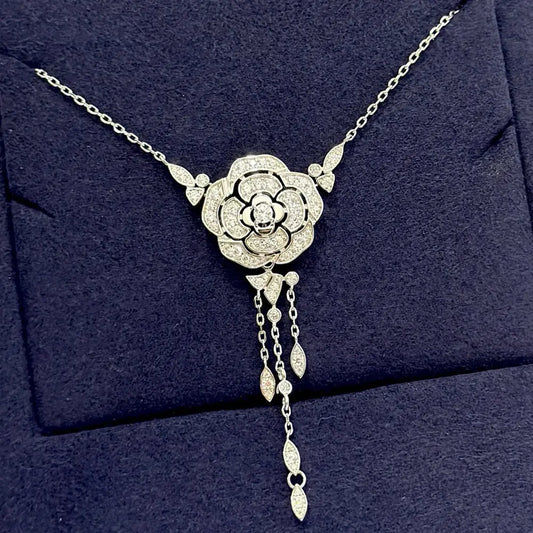 Female 925 Silver Inlaid Zirconia Diamond Camellia Tassel Necklace Cjdropshipping