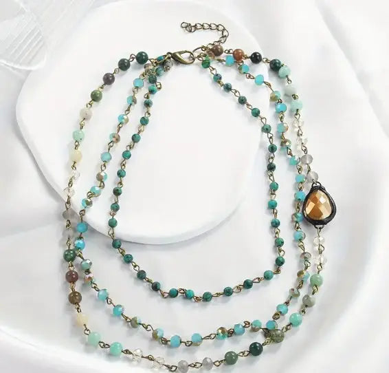 Fashion Bohemian Ethnic Style Multi-layer Natural Stone Glass Chain Curved Needle Necklace JNi3 shop