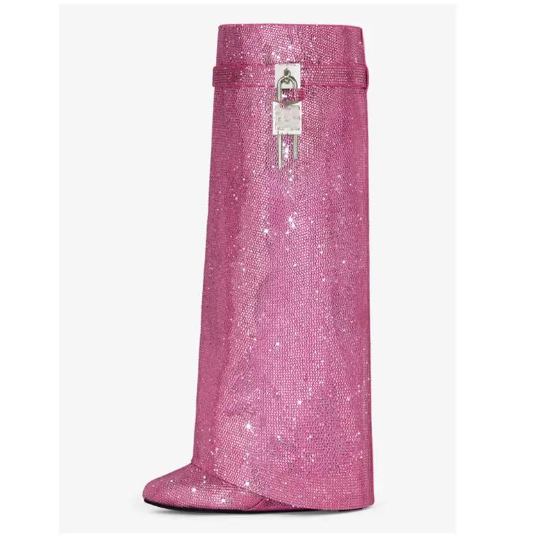 Round Toe Wedge Super High Heel Plus Rhinestone Lock Shark Buckle Knee-high Boots Cjdropshipping