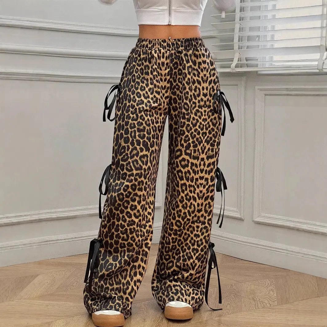 Elastic Waist Solid Color Bow Lace Up Casual Straight-leg Pants Cjdropshipping
