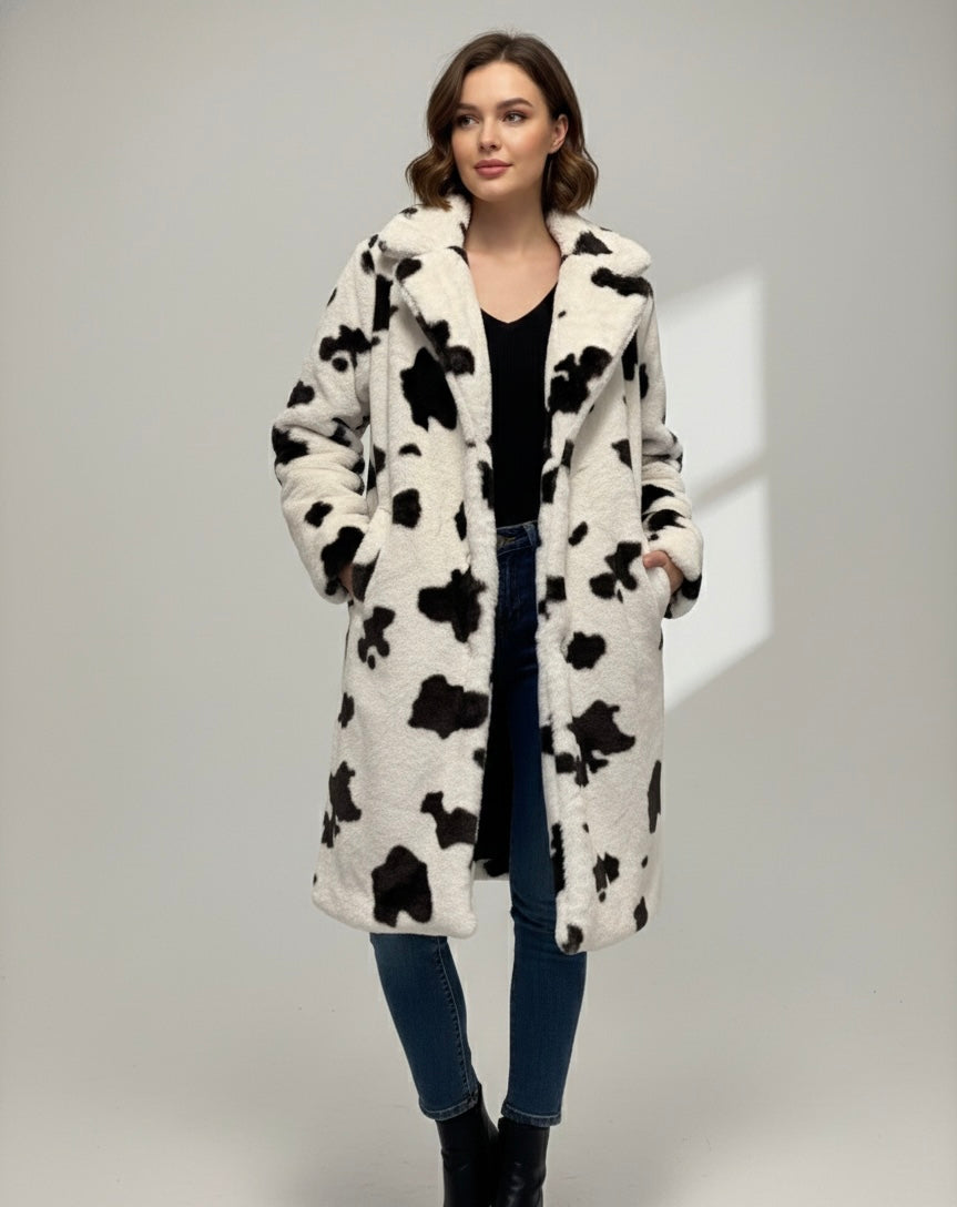 Cow print faux fur coat