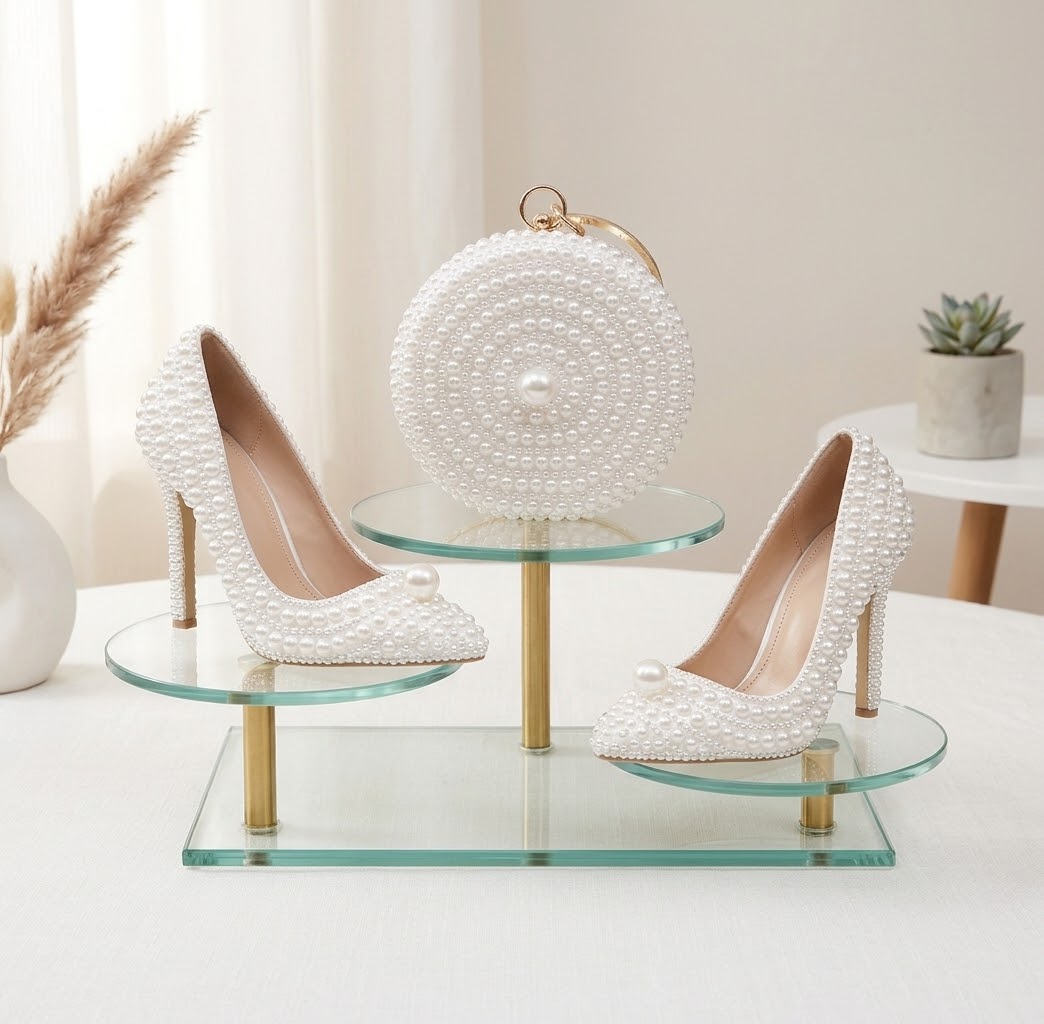 Pearl Wedding Shoes and Matching Clutch Set, Bridal Stilettos or Flats, Beaded Wedding Heels, Custom Bride Handbag and Shoes