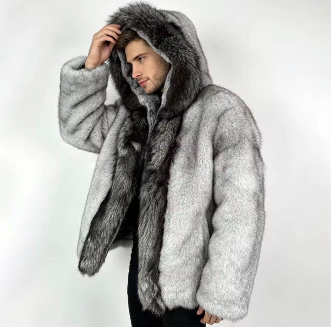 Men's Real Fox Fur & Rex Rabbit Fur Lined Winter Jacket | Luxury Hooded Outerwear with Silver Fox Trim