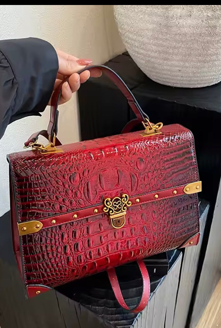 Vintage Crocodile Pattern Satchel Handbag