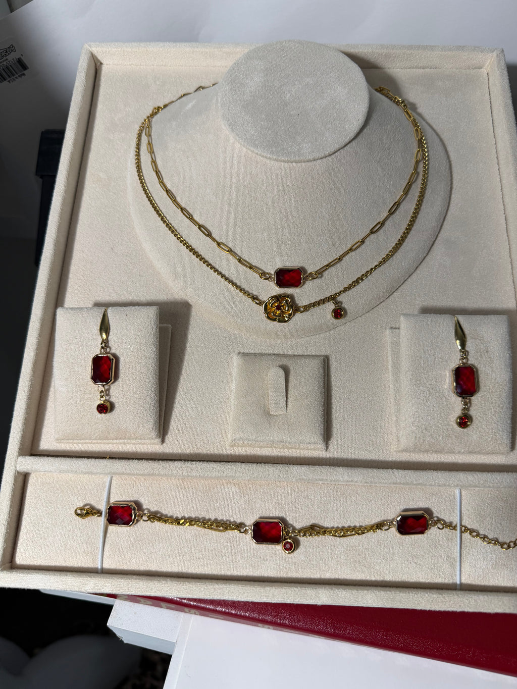 18k Gold PVD Birth Month double layered pendant Necklace, Bracelet and Earrings 3 pce set.