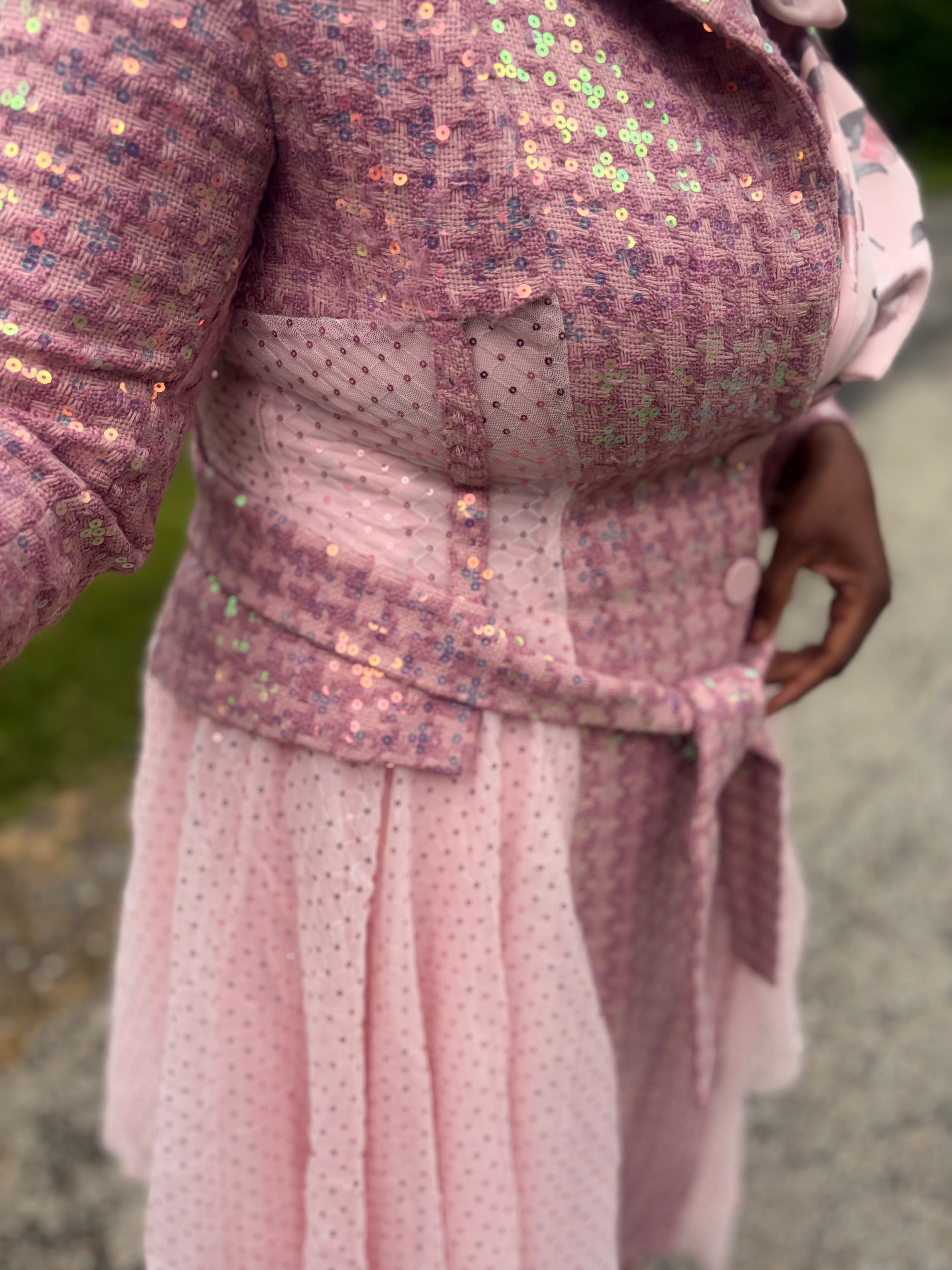 Stunning pink Sequins Mesh Layered Trench Coat – Elegant Evening Outerwear