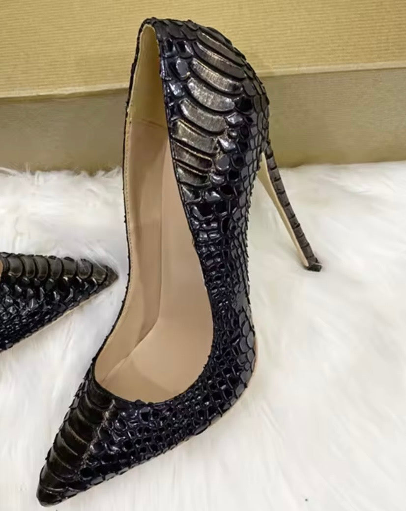 Serpentine Ensemble: Snake Print Maxi Dress, Charcoal Handbag & Stilettos | Complete Outfit, Animal Print Fashion