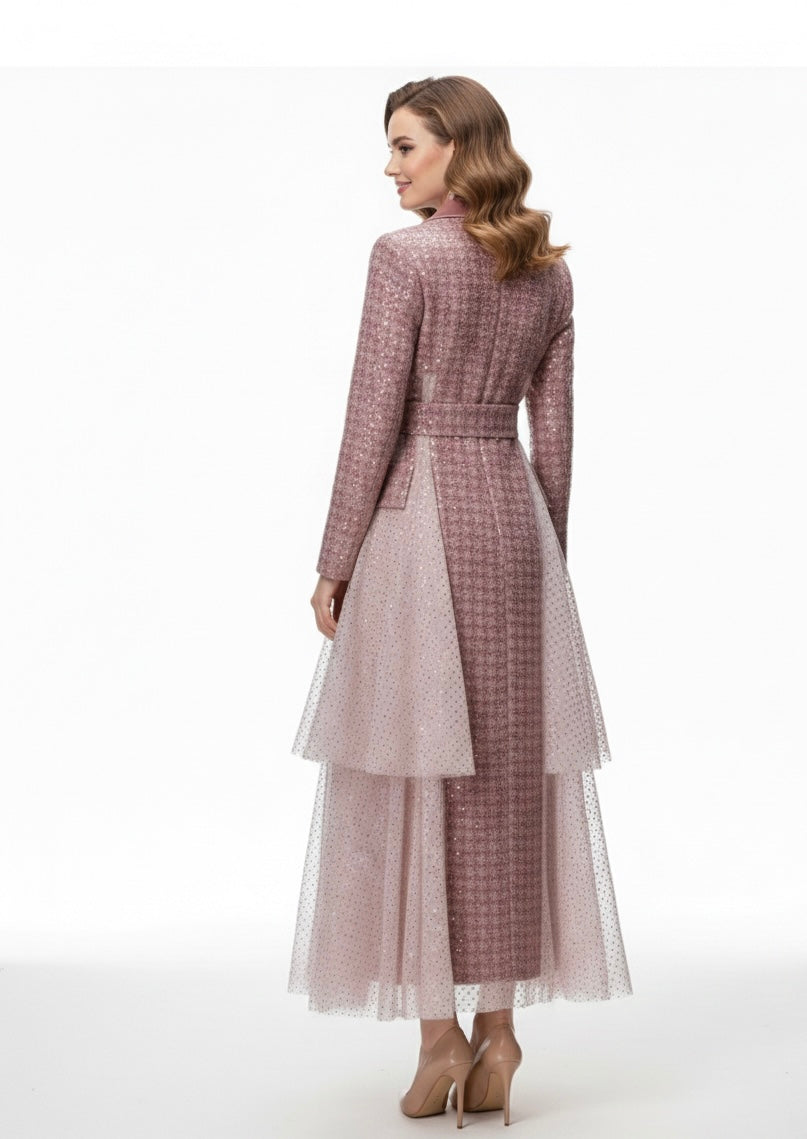 Pink Sequin Tweed trench Coat with Tiered Tulle Hem | Elegant Belted Dress Coat