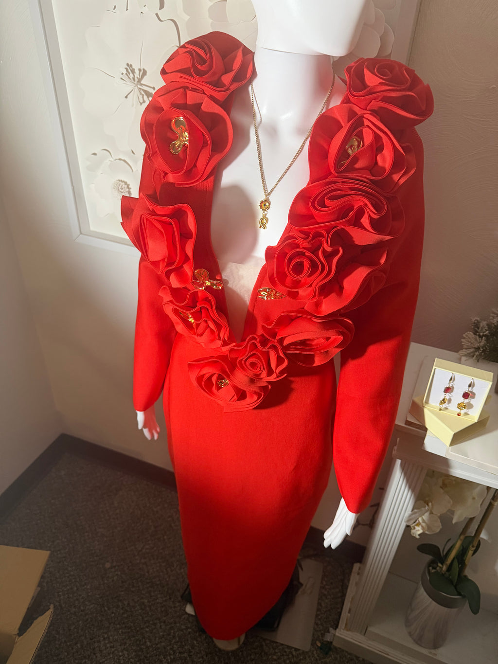 3D Rose V-Neck Bandage Dress & Earrings | Gala Outfit