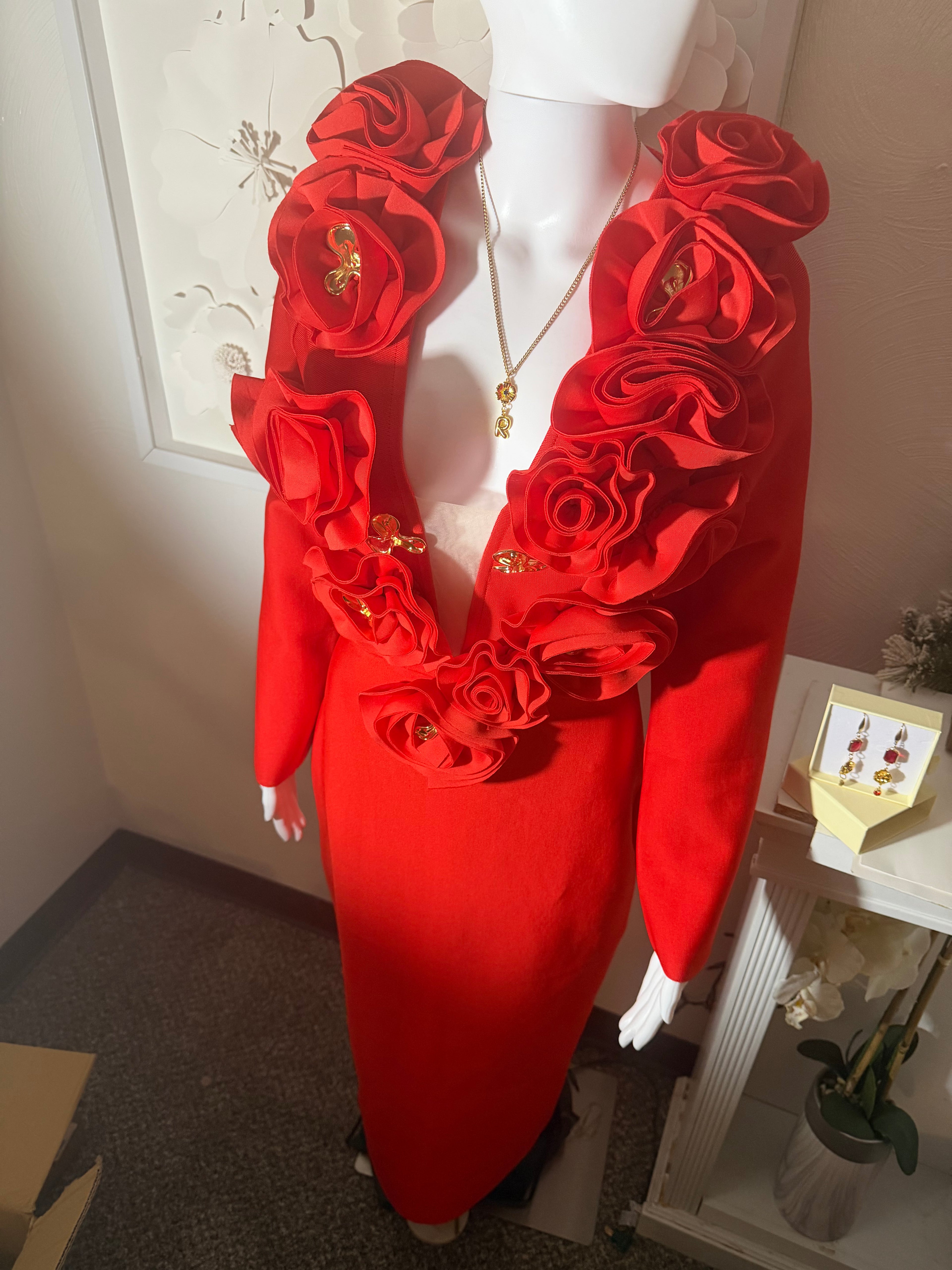 3D Rose V-Neck Bandage Dress & Earrings | Gala Outfit