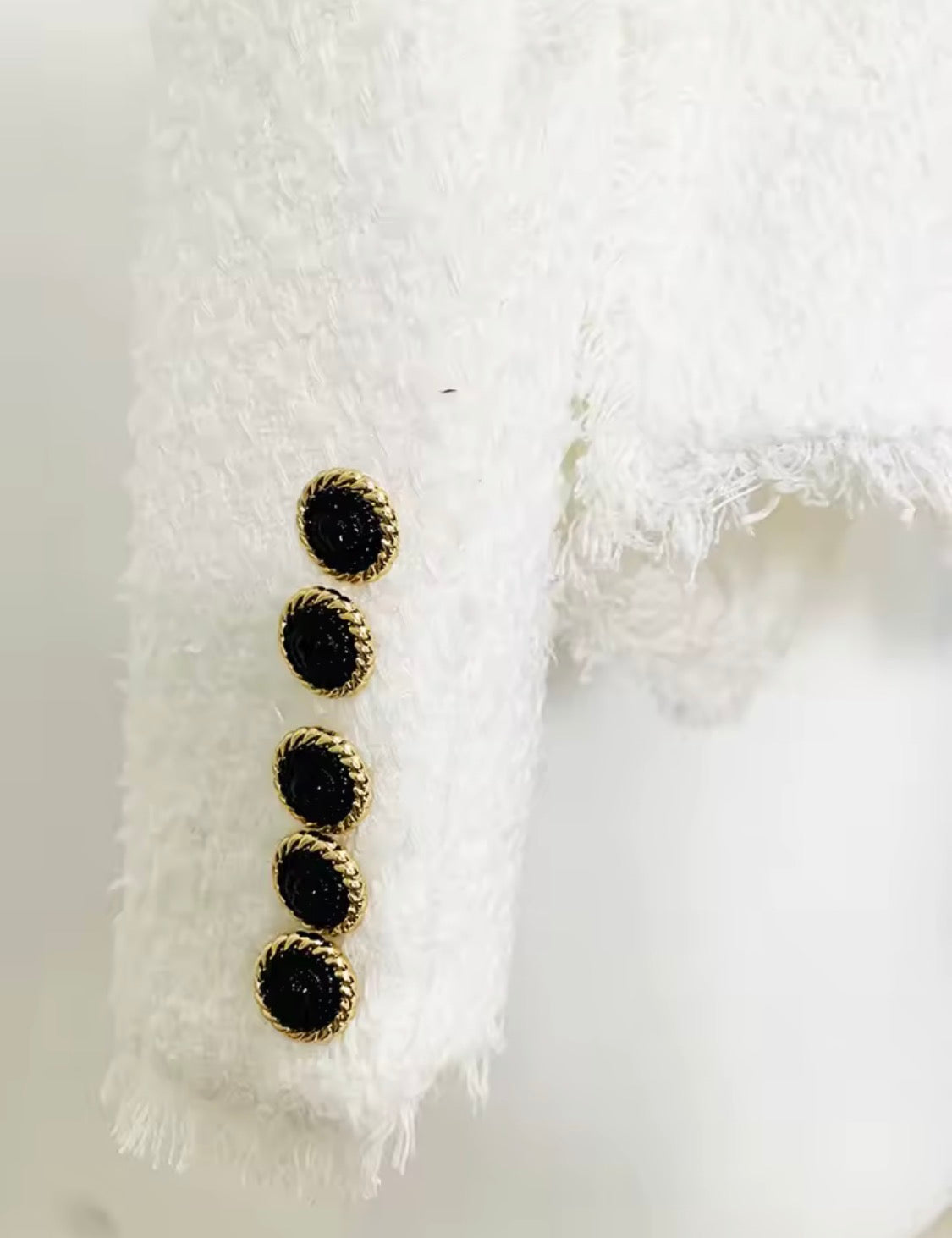 White Tweed Blazer with Black & Gold Chain Trim | Luxury Fringe Trim Jacket | Designer Inspired Chic Tailored Outerwear