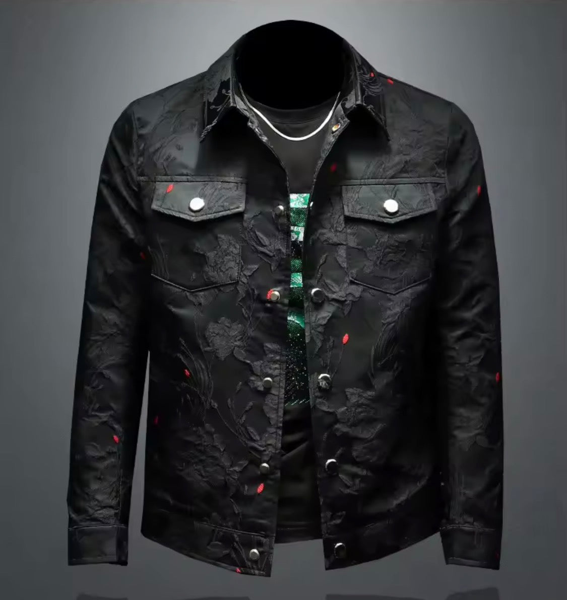 Men's Floral Jacquard Button-Up Casual Jacket with Pocket Details | Stylish Modern Statement Outerwear