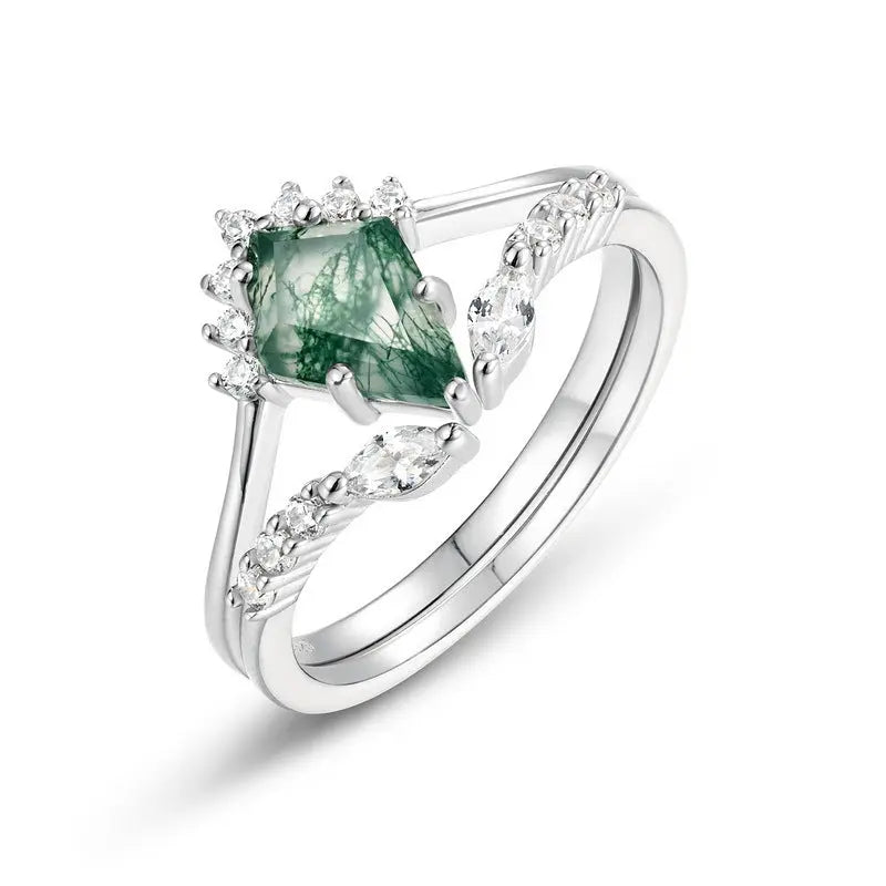 Natural Green Moss Stone Stacked S925 Silver Inlaid Agate Ring - JNi3 shop