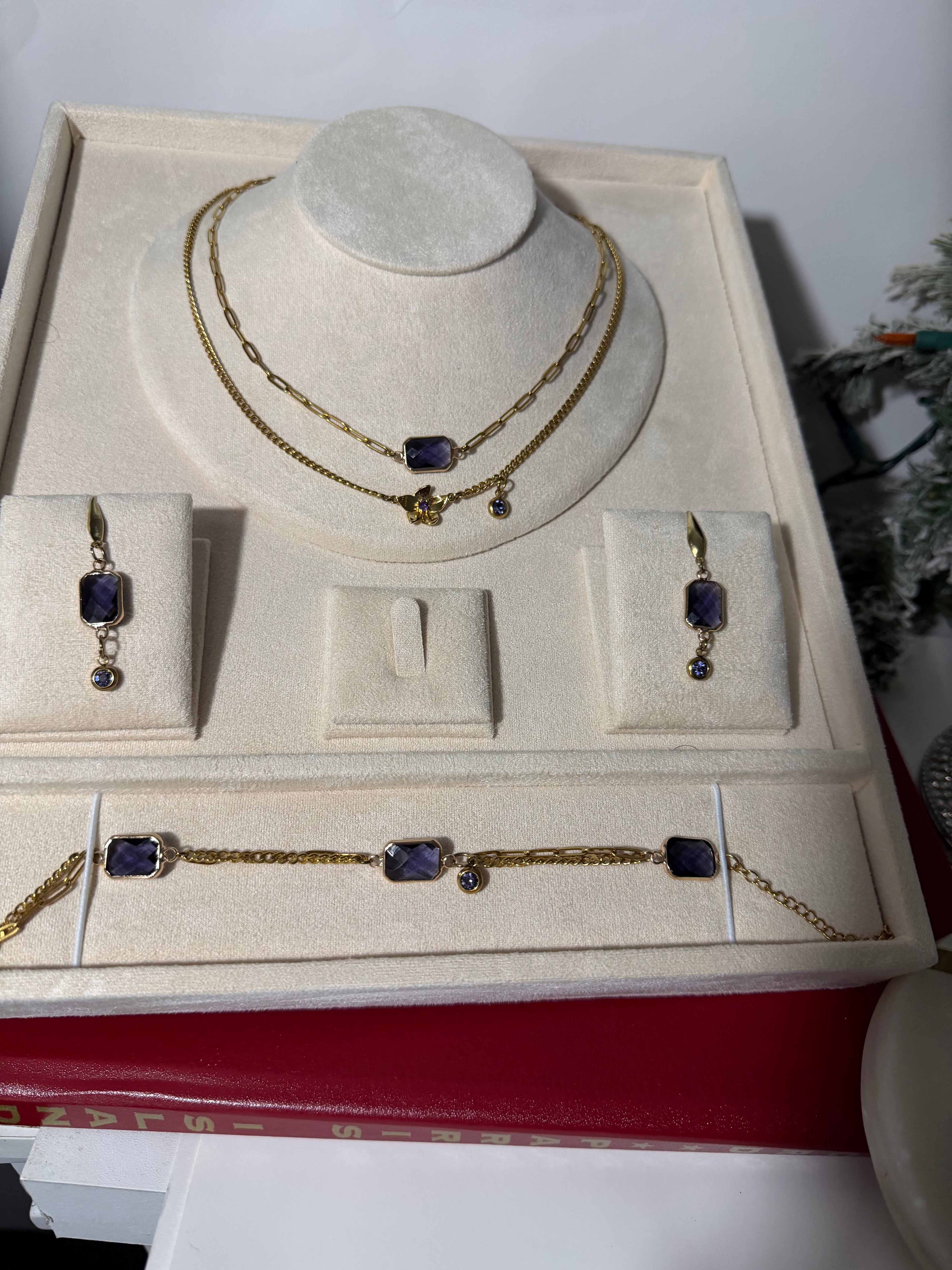 18k Gold PVD Birth Month double layered pendant Necklace, Bracelet and Earrings 3 pce set.