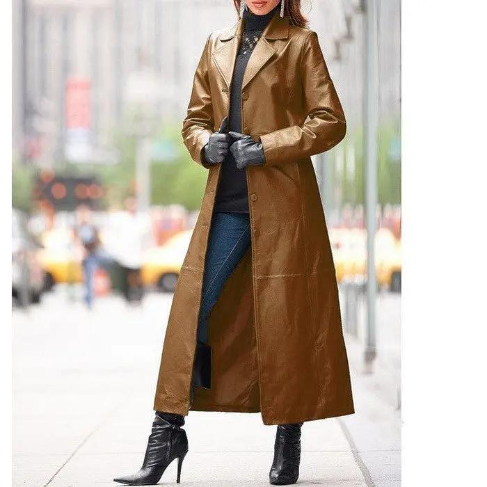 European and American women's leather coat long coat Cjdropshipping
