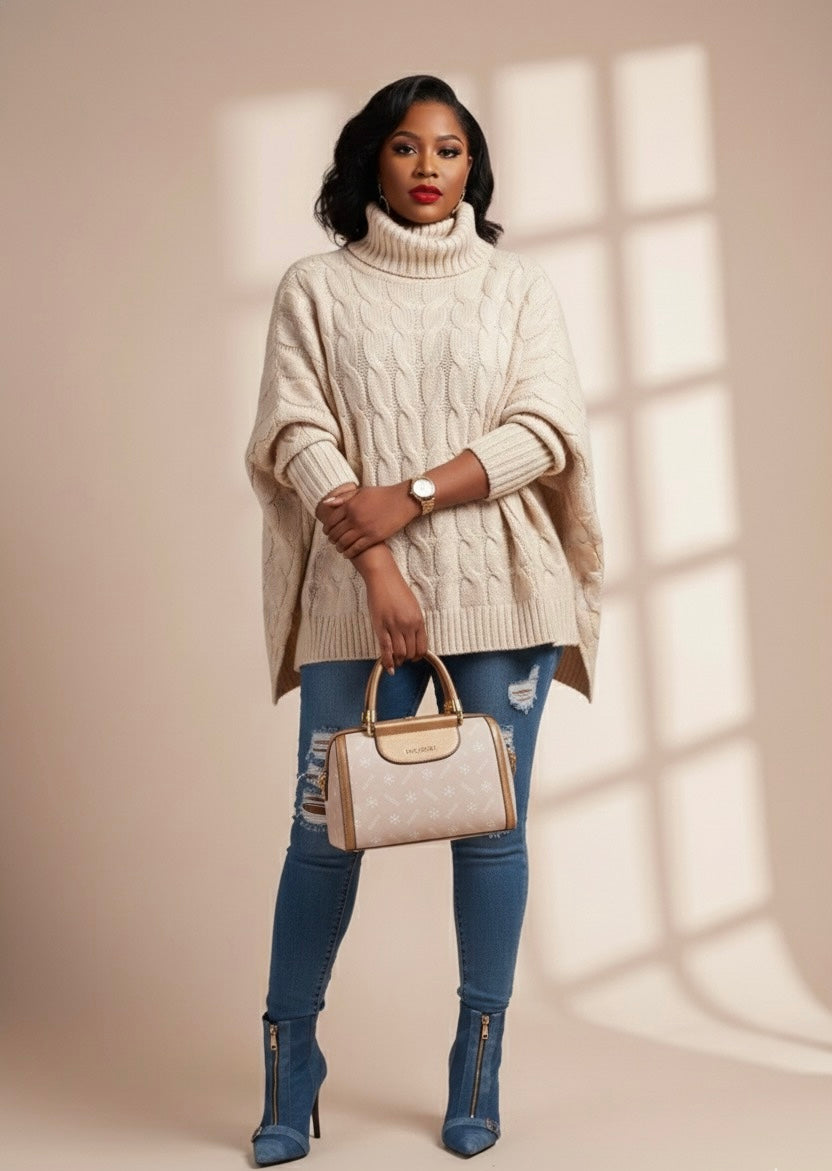 Worn Jean and Beige Batwing Sweater Women's complete Outfit