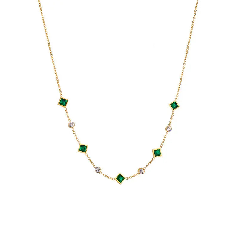 Stainless Steel Cube Emerald Zircon Personality Simple Niche Does Not Fade Necklace