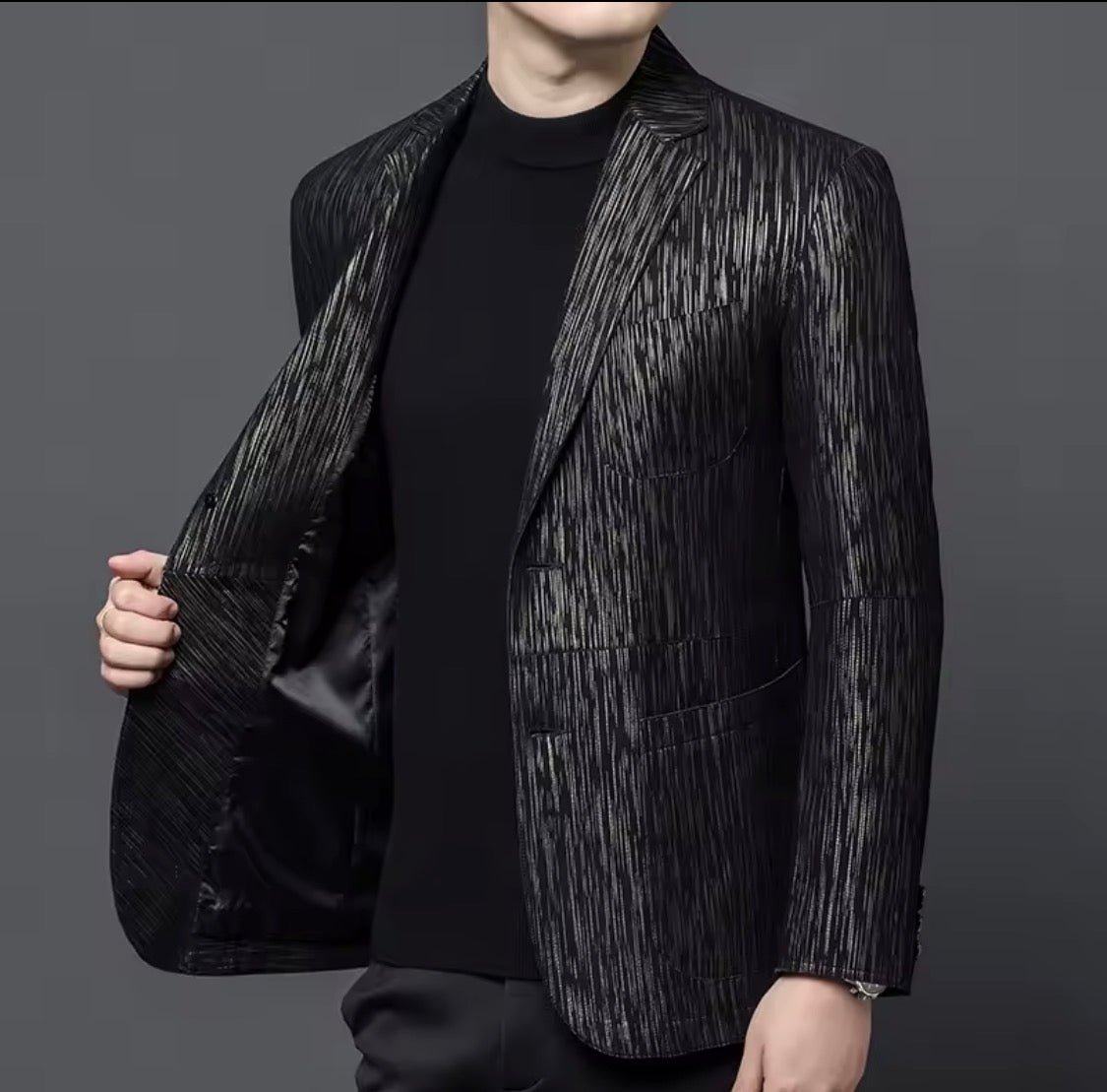 Men's Genuine Sheepskin Leather Blazer Jacket, Luxury Textured Pattern Slim Fit Sport Coat, Black Leather Tuxedo Blazer for Men, Gift for Him