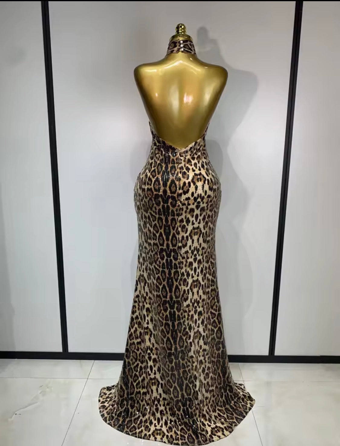 Sequin Leopard Print Prom Dress, Halter Neck Backless Evening Gown, Glam Mermaid High Collar Formal Dress, Animal Print Party Dress
