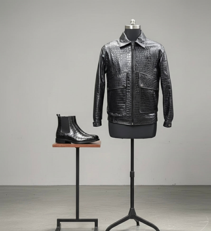 Luxury Men's Cow Leather Jacket & Genuine Crocodile Leather Chelsea Boots Set | Handcrafted Exotic Leather Outfit