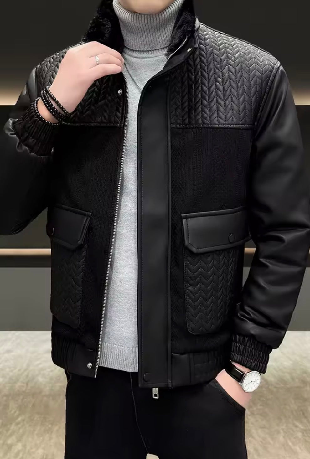 Men’s Fleece-Lined PU Leather Jacket – Bomber Jacket with Faux Fur Collar
