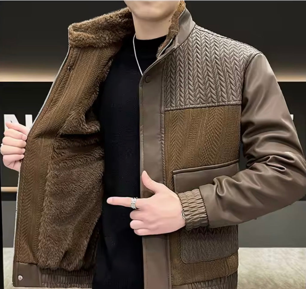 Men’s Fleece-Lined PU Leather Jacket – Bomber Jacket with Faux Fur Collar