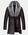 Men’s Real Sheepskin Leather Coat Mid-Length Winter Jacket with Fox Fur Collar and Plush Fur Lining