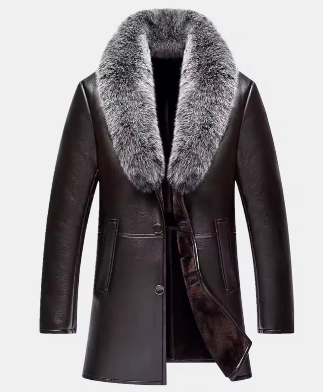 Men’s Real Sheepskin Leather Coat Mid-Length Winter Jacket with Fox Fur Collar and Plush Fur Lining