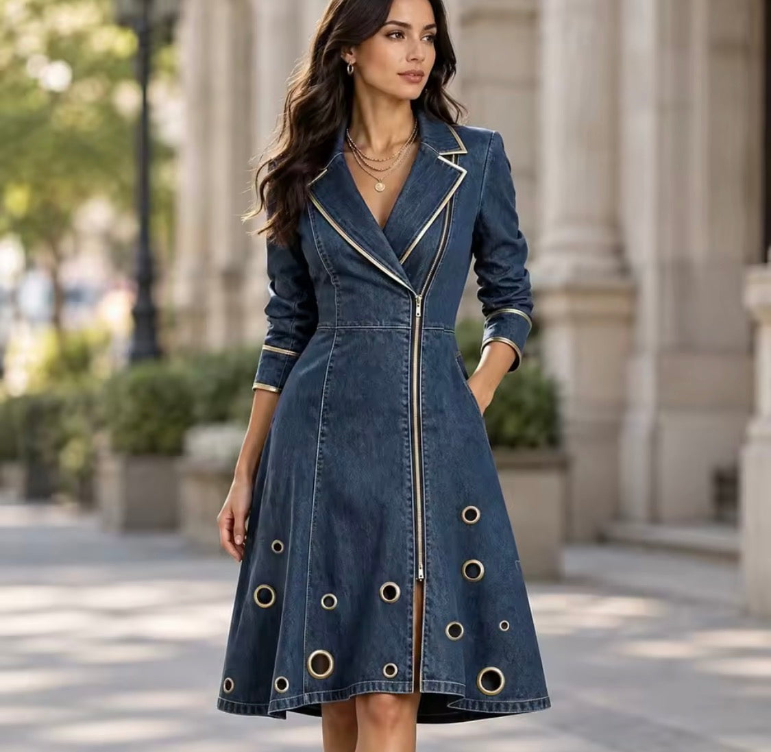 Women’s Vintage Denim Trench Dress with Gold Trim & Grommet Hem | Front Zip Long Sleeve A-Line Midi Denim Dress | Chic Elegant Streetwear