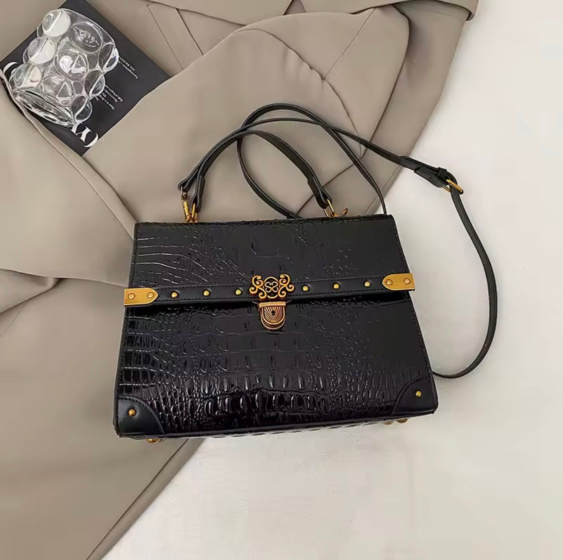 Vintage Crocodile Pattern Satchel Handbag