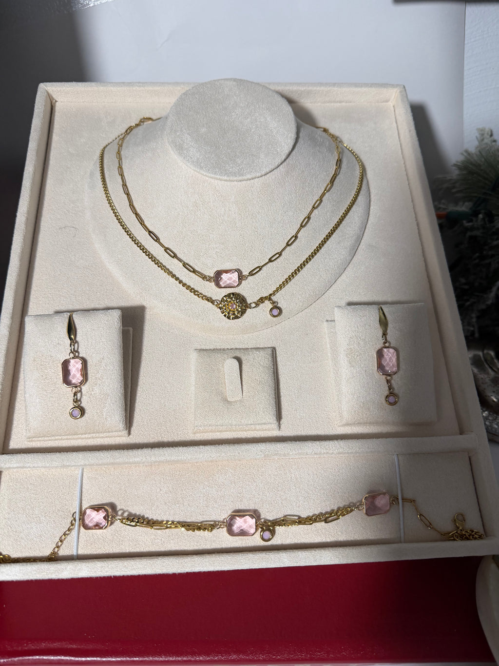 18k Gold PVD Birth Month double layered pendant Necklace, Bracelet and Earrings 3 pce set.