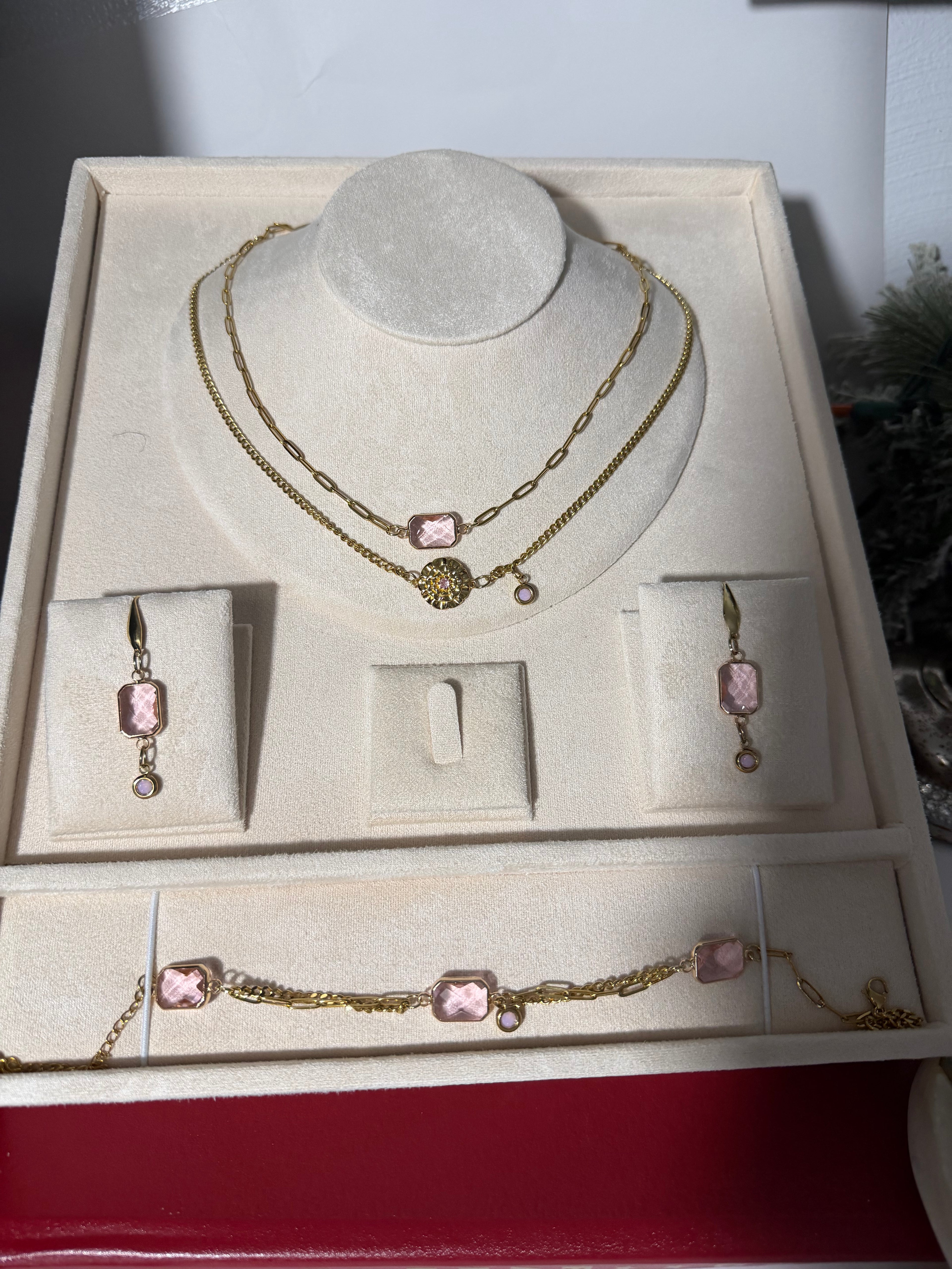 18k Gold PVD Birth Month double layered pendant Necklace, Bracelet and Earrings 3 pce set.