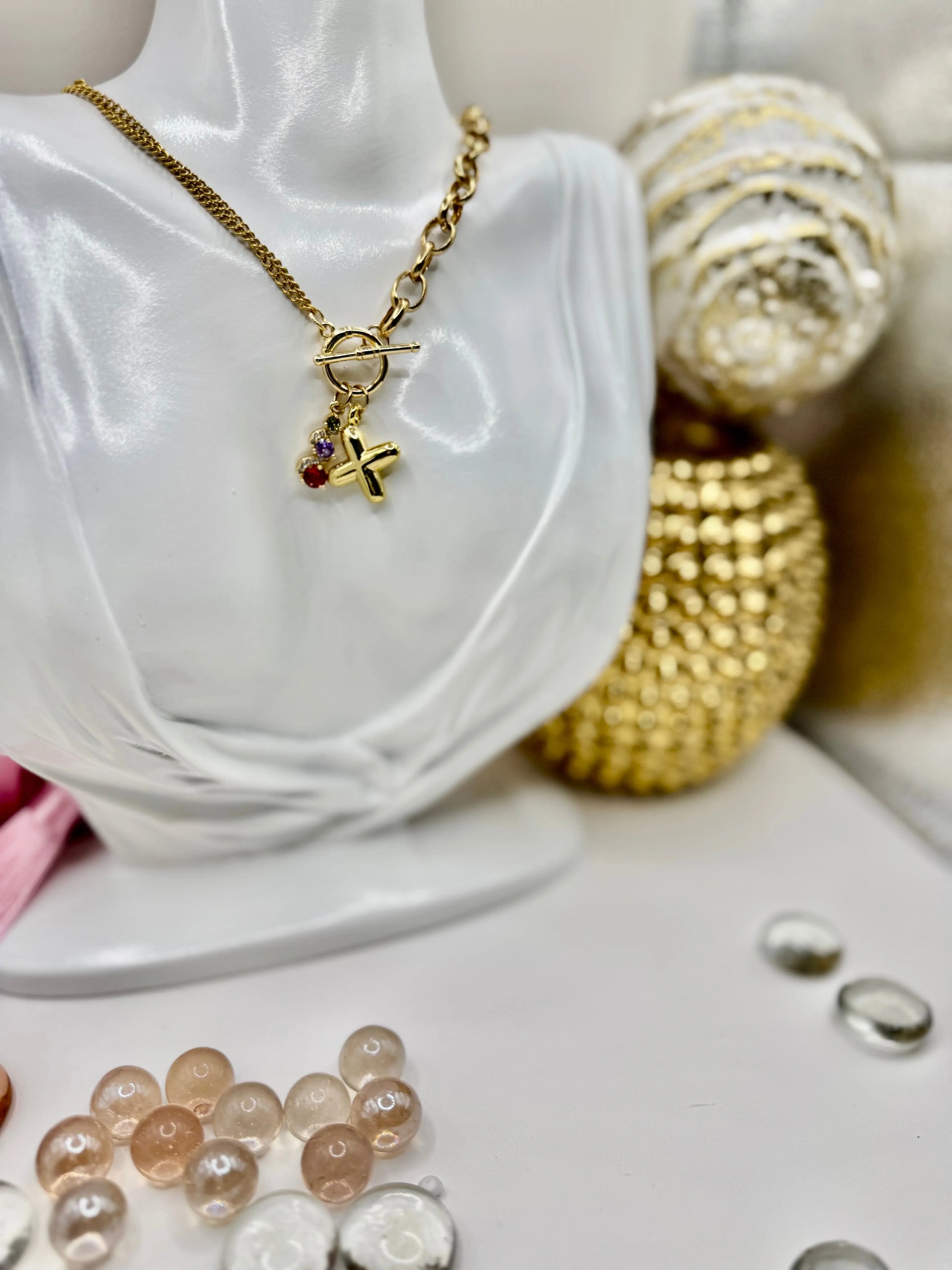 18K Gold PVD Initial Necklace with Multi-Color Gemstone Charms | Toggle Clasp Non-Tarnish Chain - JNi3 shop