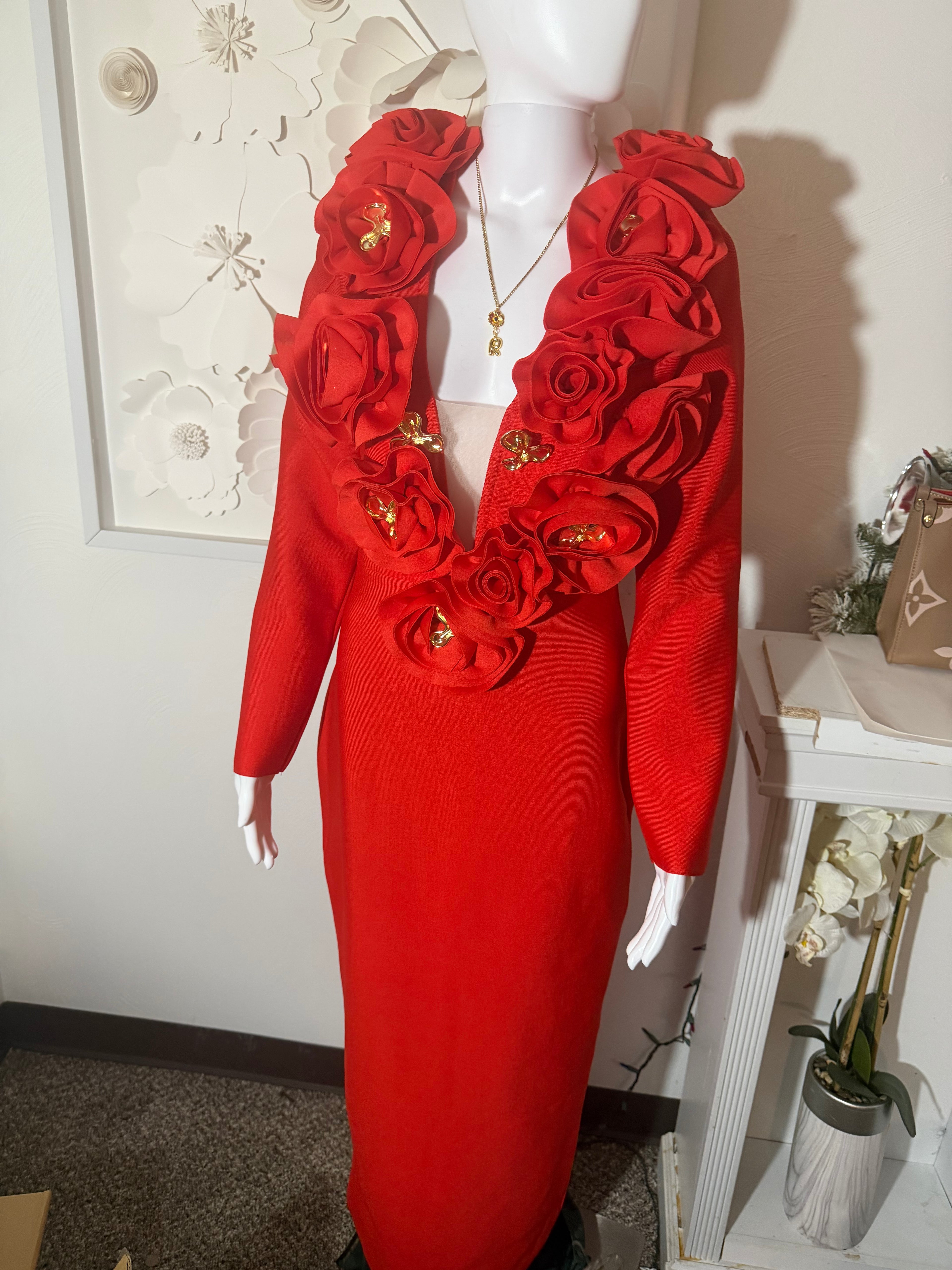 3D Rose V-Neck Bandage Dress & Earrings | Gala Outfit