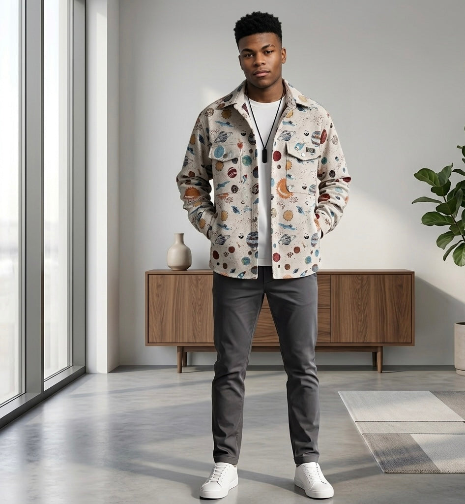 Thick Retro Men's Tapestry Jacket | Vintage Inspired Graffiti and Solar System Streetwear Shacket | Heavyweight Patterned Button-Down Coat