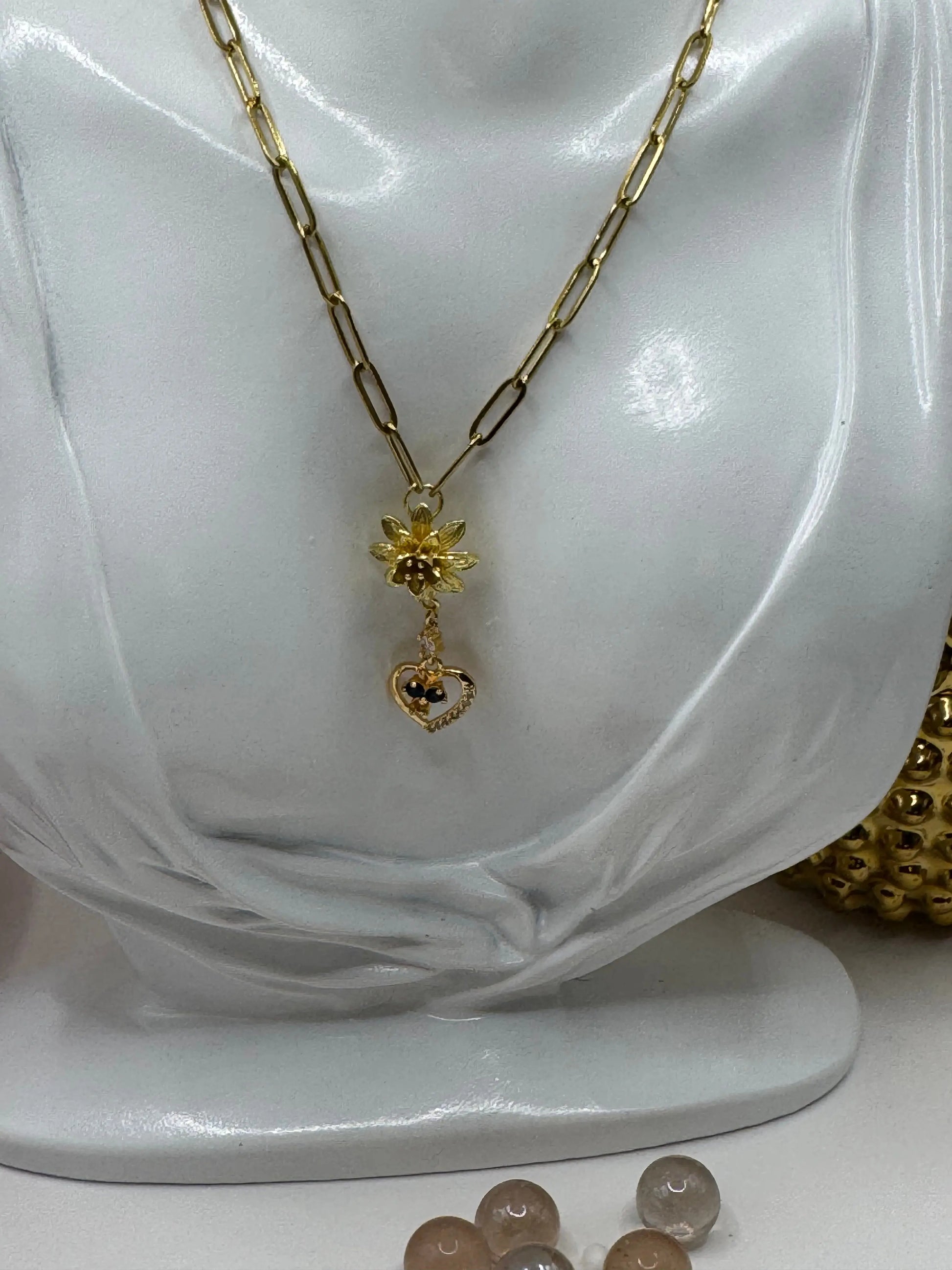 Blue Bloom Heart Drop – 18k Gold PVD Necklace with Floral Accent and Blue Crystal Heart Charm - JNi3 shop