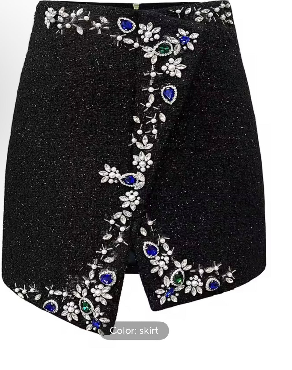 Black Tweed Skirt Suit Set | Rhinestone & Pearl Embellished Blazer and Asymmetrical Mini Skirt | Luxury Jeweled Two Piece Maximalist Outfit