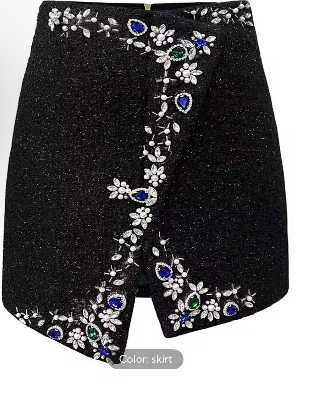 Black Tweed Skirt Suit Set | Rhinestone & Pearl Embellished Blazer and Asymmetrical Mini Skirt | Luxury Jeweled Two Piece Maximalist Outfit