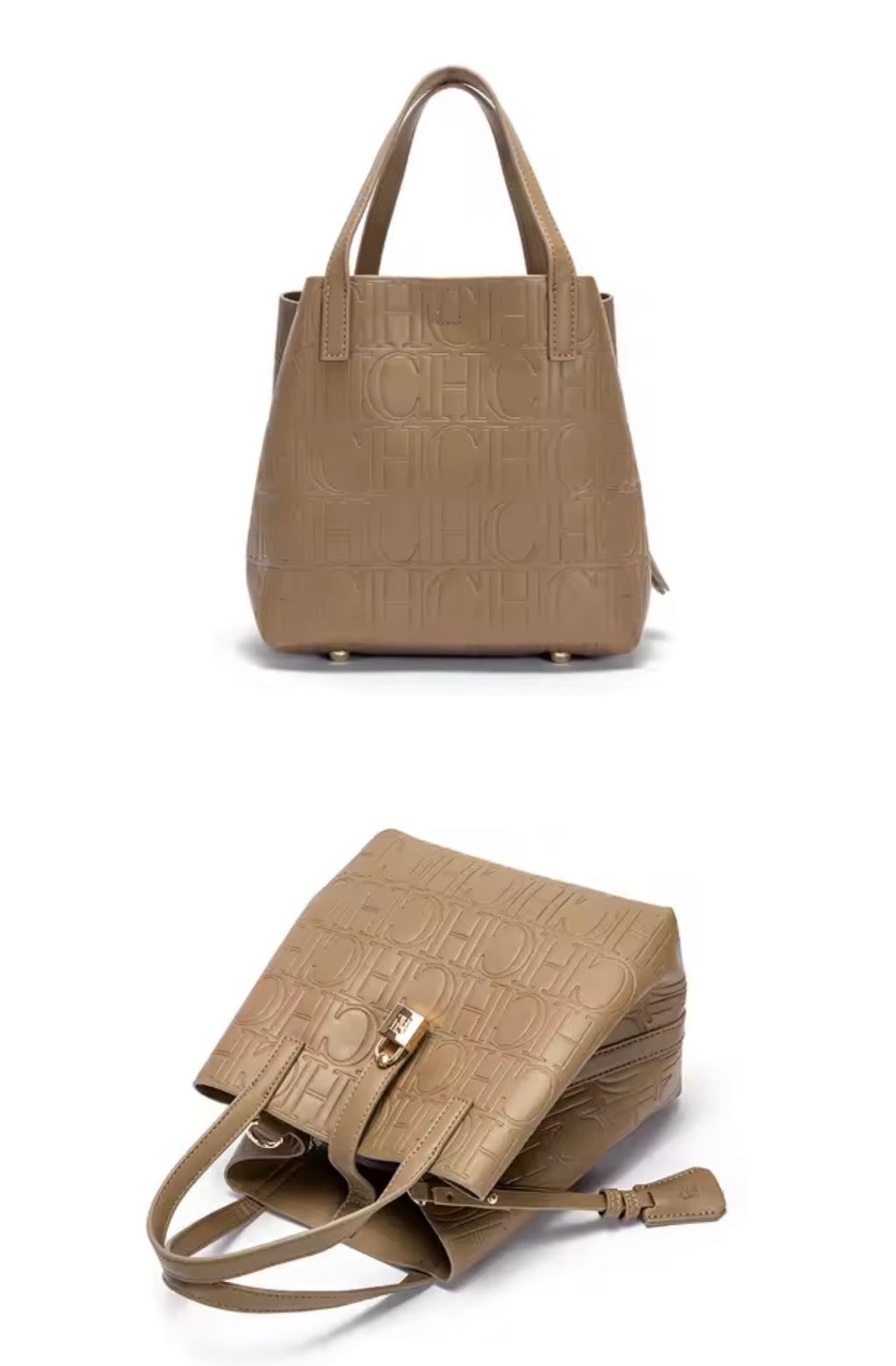 Designer-Inspired Embossed Monogram Tote Bag – Luxury PU Leather Top-Handle Handbag & Crossbody Purse with Lock Detail