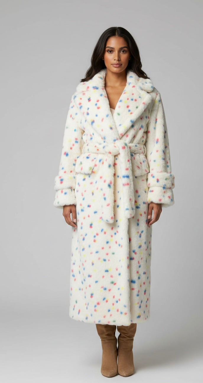 Luxury Long Faux FurOvercoat- Full Length  Print Winter coat- Oversized Plush Trench Coat - Glamorous Formal Outerwear.